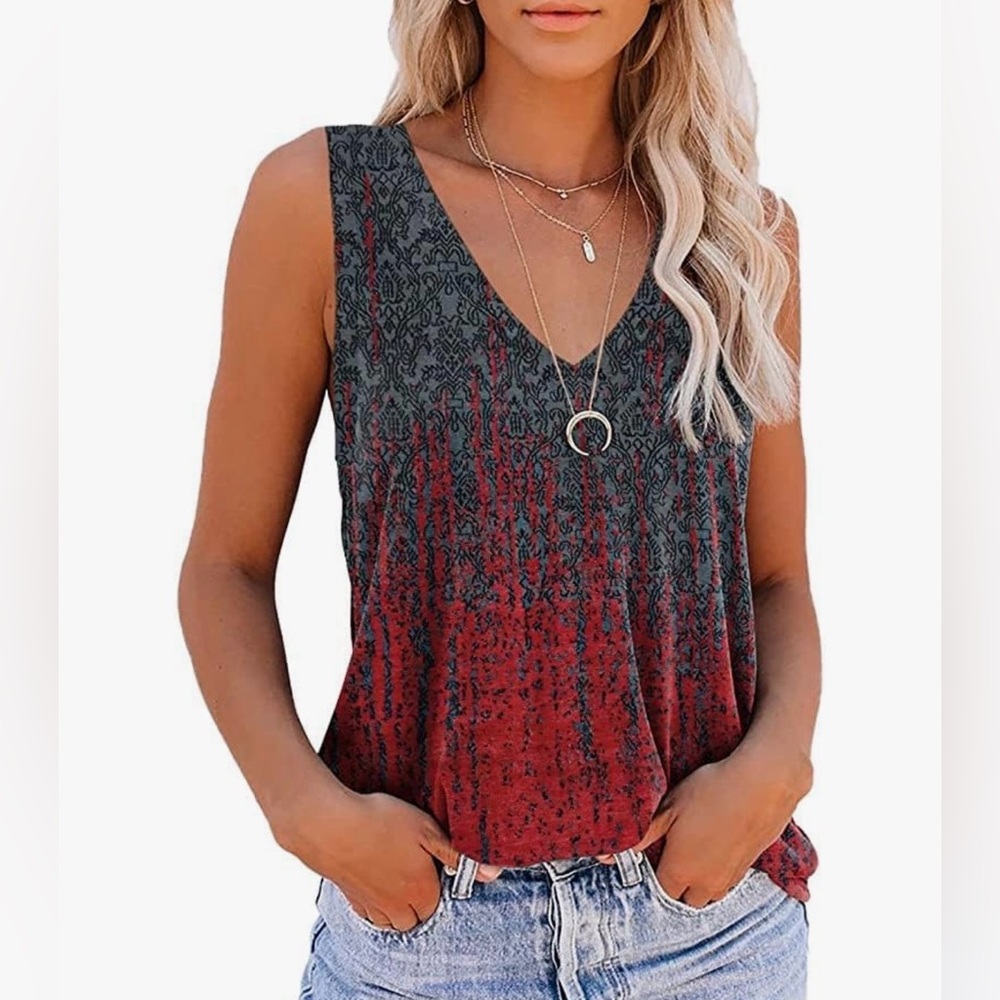 V-Neck Ombre Print Tank Top - Red/Charcoal